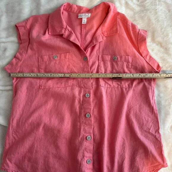 Isabel Ingrid & Isabel Linen Blend Button Up Shirt Womens M Pink Short Sleeve - Picture 7 of 8